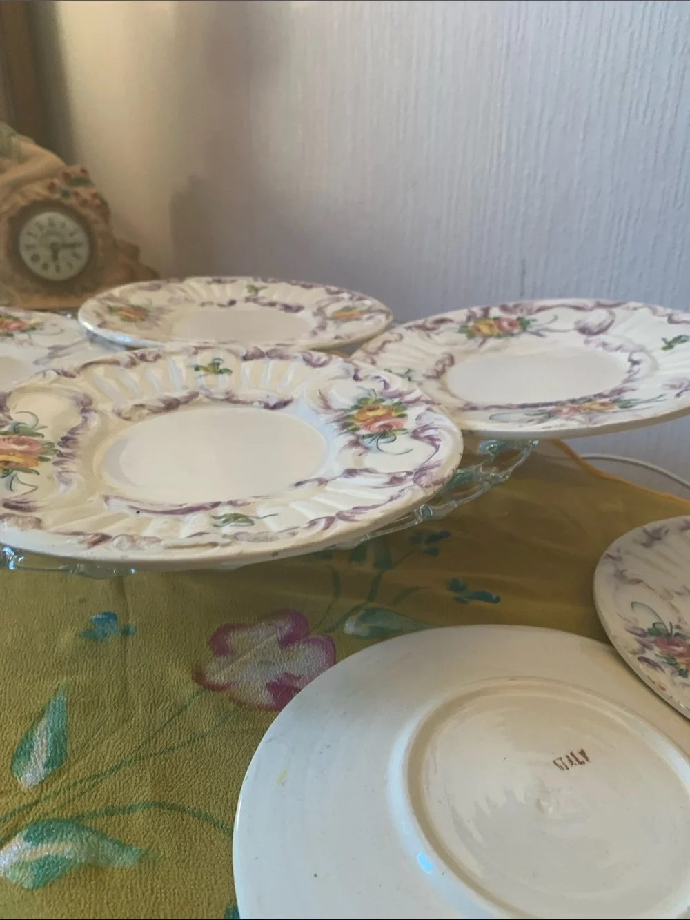 ITALY marked Floral Dessert Plate Set in Purple and Yellow – Old - S/6